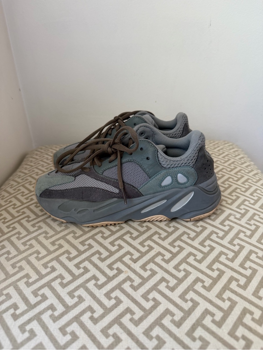Yeezy Men’s Grey & White Mesh & Suede Sneakers + Tan Yeezy Boots